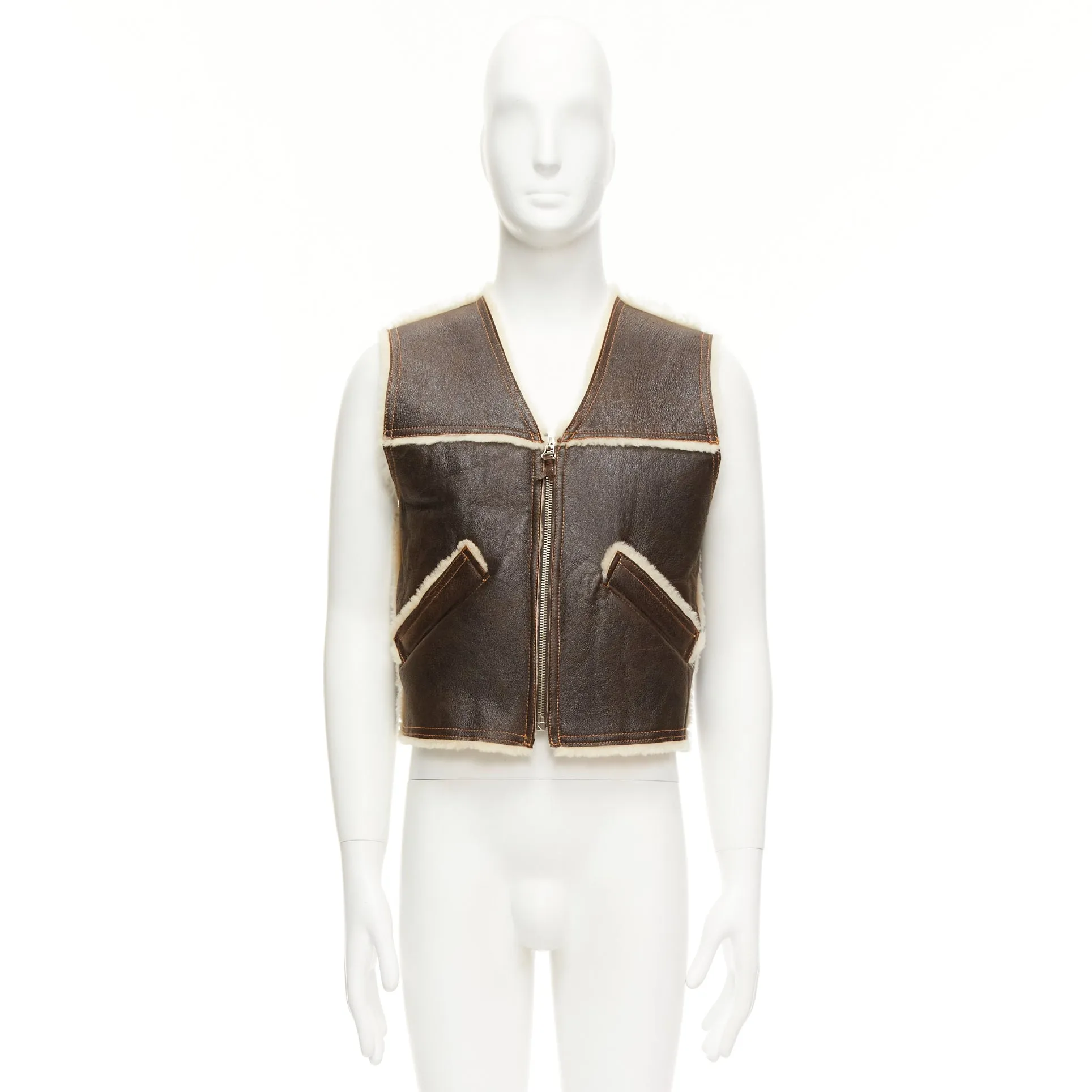 JEAN PAUL GAULTIER JEANS Vintage brown shearling lined logo zip vest FR42 XXS