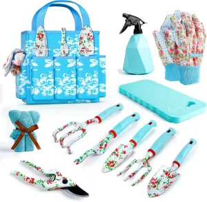 JUMPHIGH Womens Gardening Gifts Set - Floral Gardening Tools with Tote Bag - Gifts for Mom, Girlfriend or Women - Birthday, Christmas (Blue)