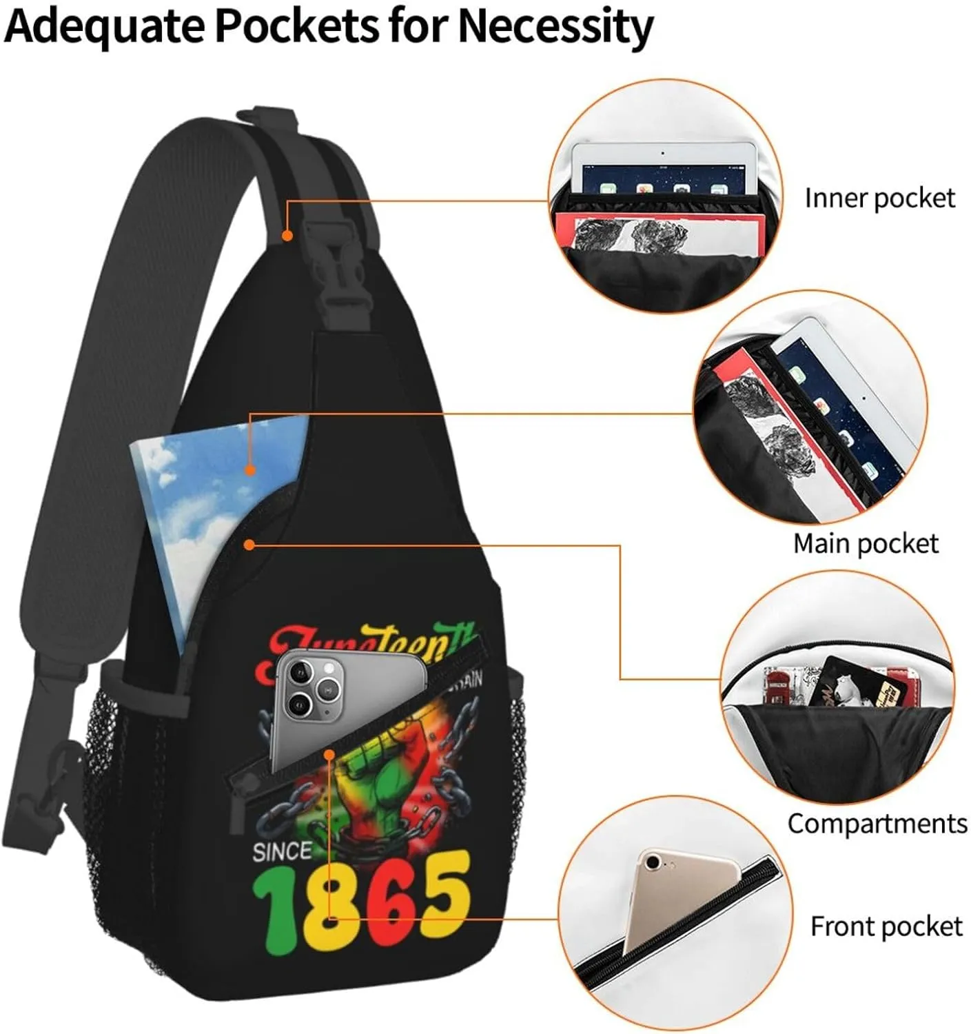 Juneteenth Breaking Every Chain Since 1865 Crossbody Bag Adjustable Sling Bag Chest Bags Travel Shoulder Backpack