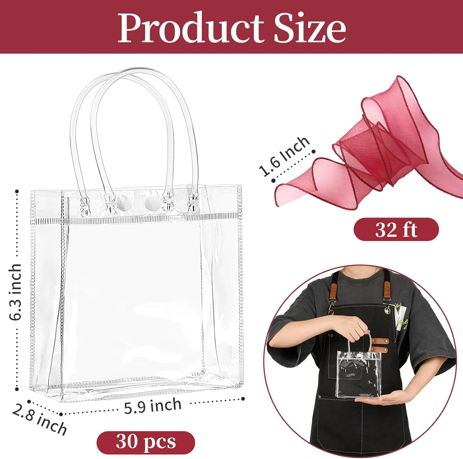 Jutieuo 30 Pack Clear Plastic Gift Bags with Handles, 5.9" x 6.3" x 2.8" Reusable Transparent Party Favor Bags Goodie Bags Bulk for Wedding, Baby Shower, Birthday, Mother's Day