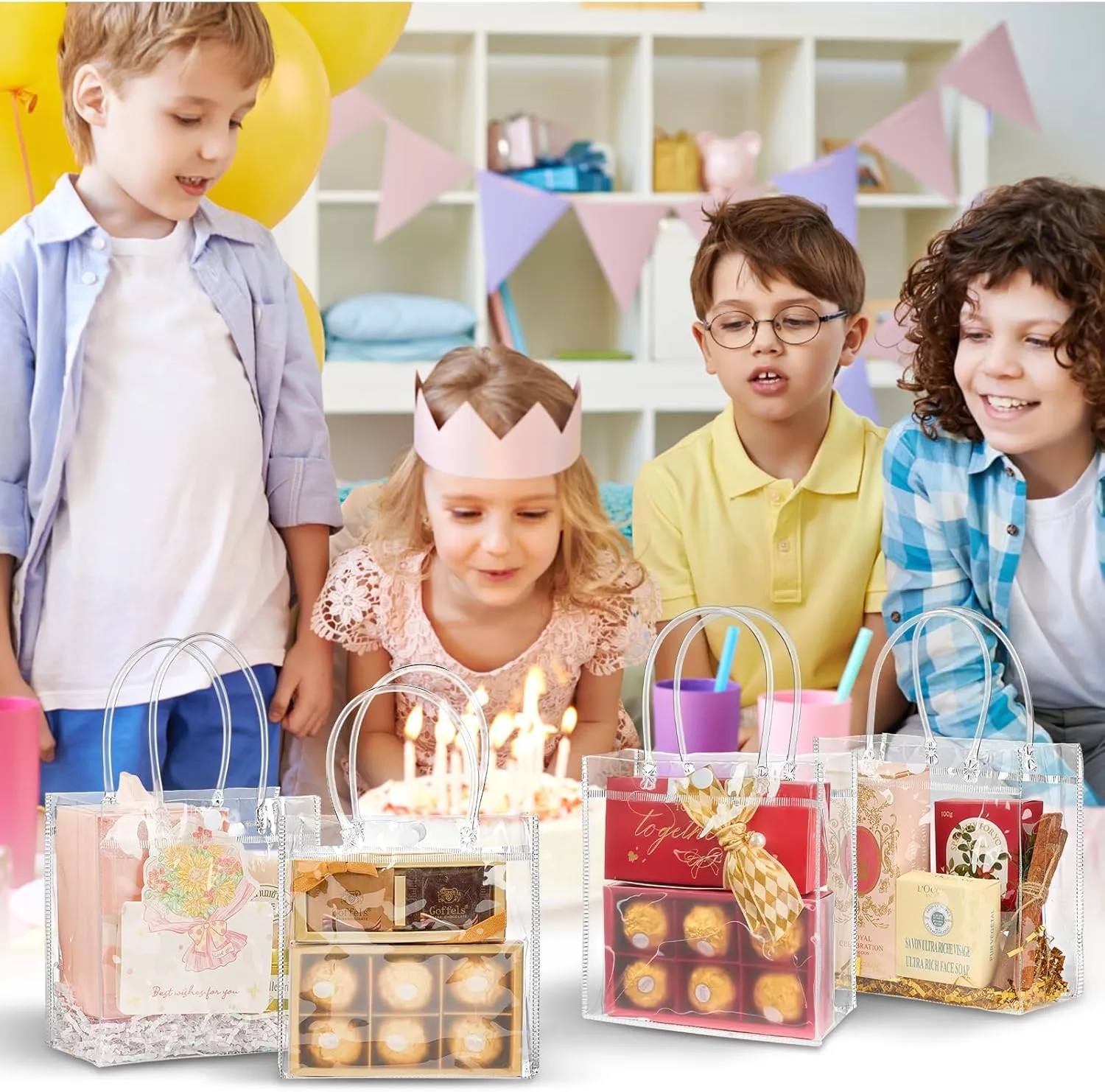 Jutieuo 30 Pack Clear Plastic Gift Bags with Handles, 5.9" x 6.3" x 2.8" Reusable Transparent Party Favor Bags Goodie Bags Bulk for Wedding, Baby Shower, Birthday, Mother's Day