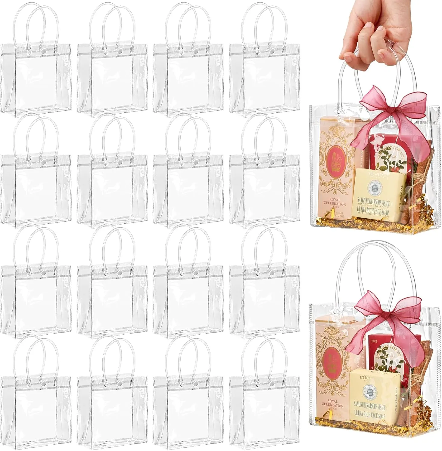 Jutieuo 30 Pack Clear Plastic Gift Bags with Handles, 5.9" x 6.3" x 2.8" Reusable Transparent Party Favor Bags Goodie Bags Bulk for Wedding, Baby Shower, Birthday, Mother's Day