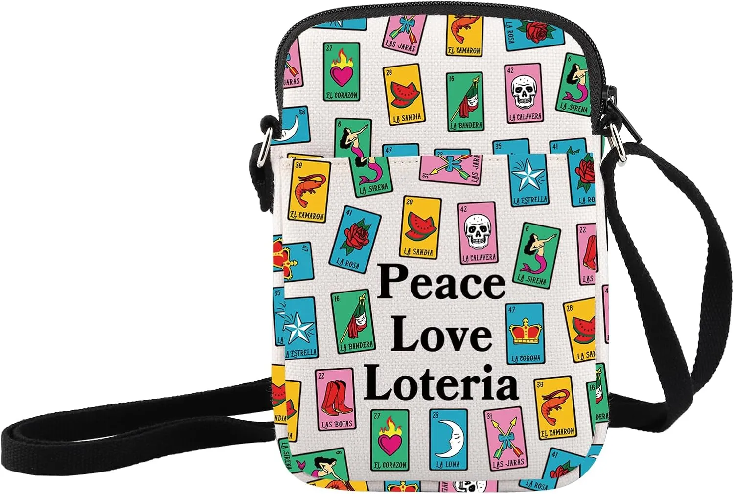 JXGZSO Mexican B Crossbody Bag Lottery Lover Gift Peace Love Loteria Shoulder Bag Mexican Loteria Game Bag