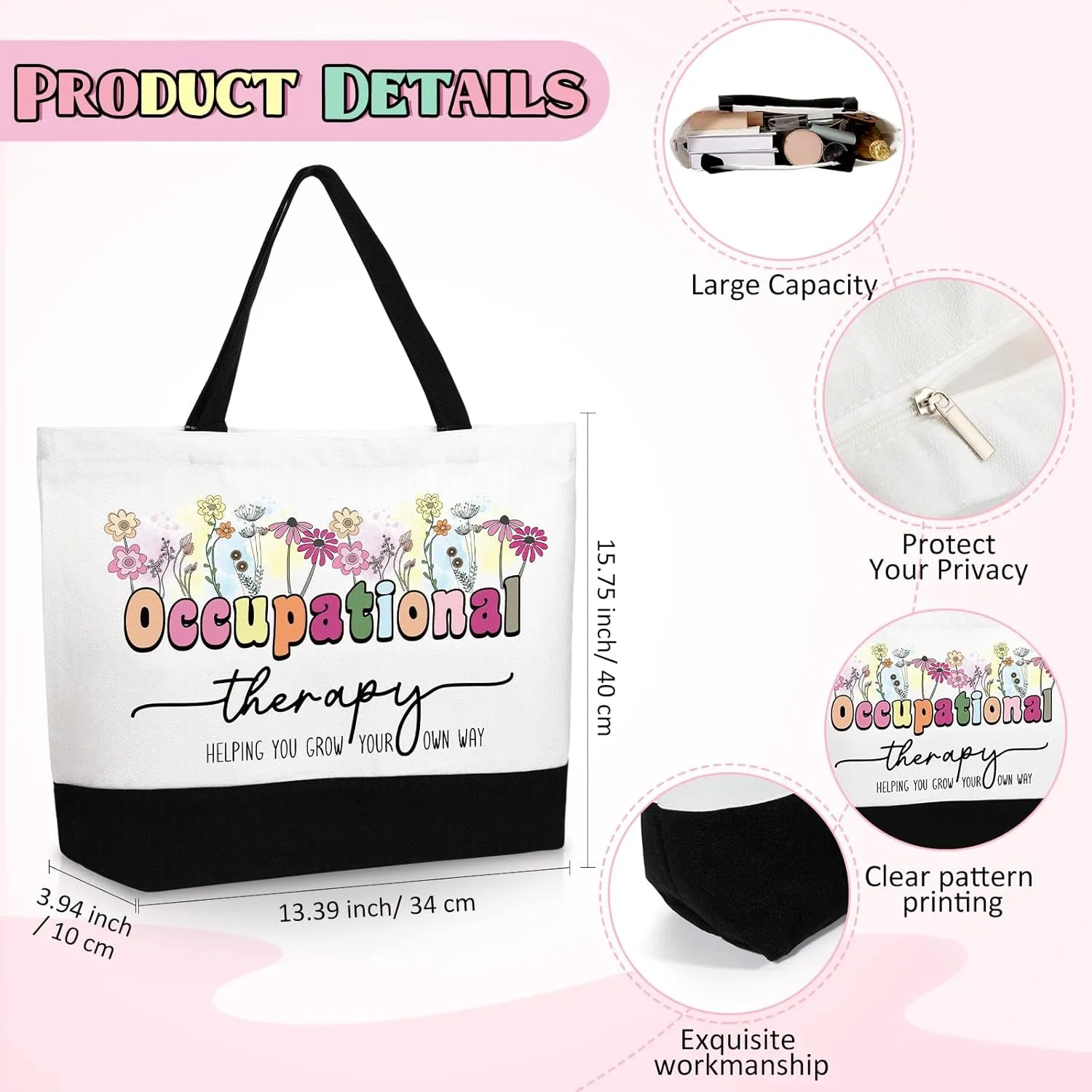 Kacctyen 3 Pcs Occupational Therapy Gifts Fine Motor Promoter Tote Bag Mental Healthy Makeup Bag OT Cosmetic Bag Psychology Appreciation Keychains OT Gifts for Women Therapists Birthday (Cute)