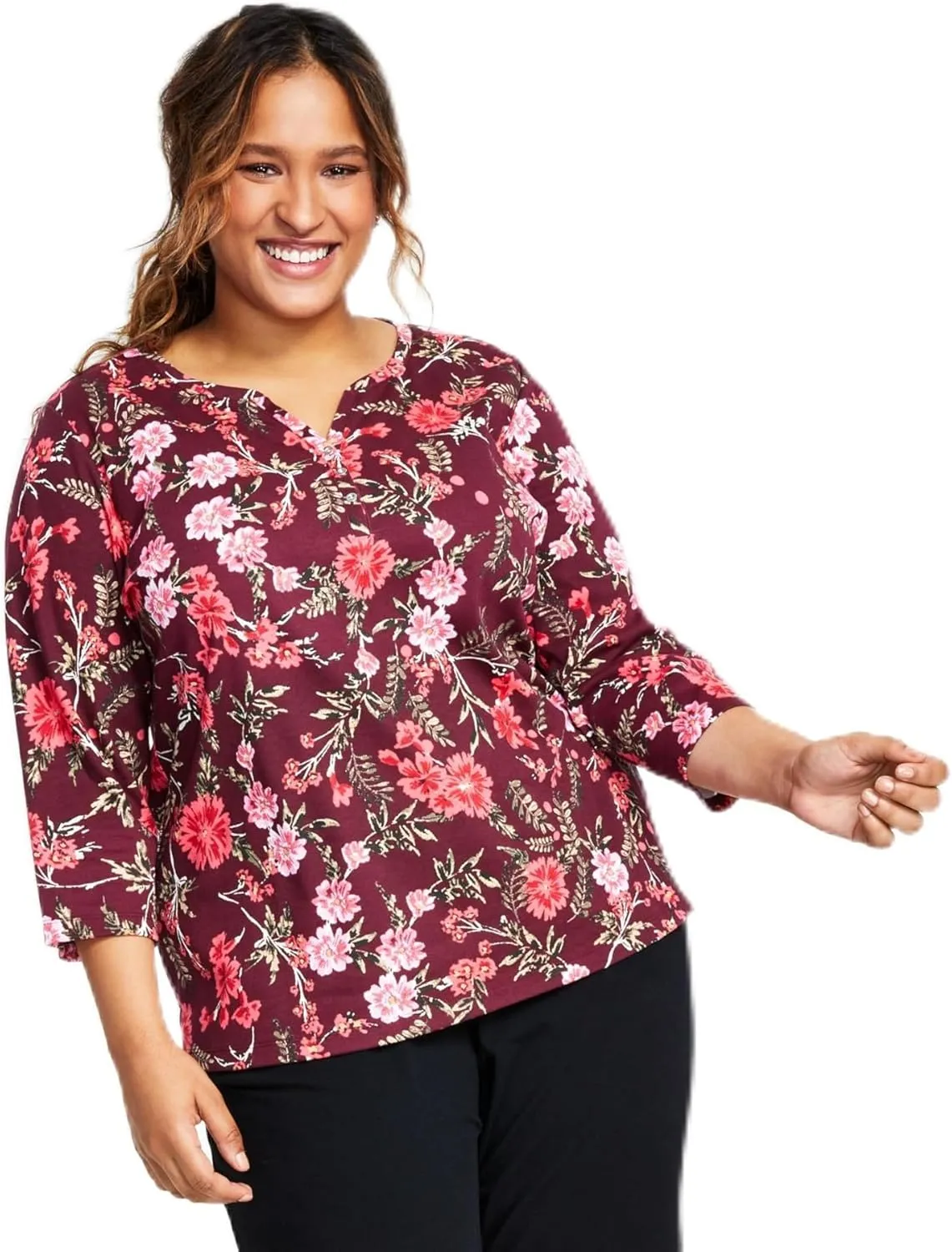 Karen S Plus Size Floral Print Top Malbec 2X