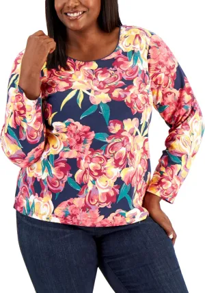 Karen Scott Plus Size Floral Print Scoop-Neck Top Intrepid Blue 2X
