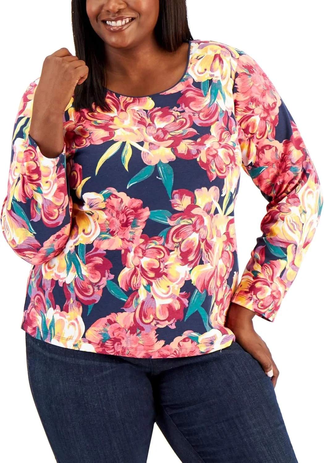 Karen Scott Plus Size Floral Print Scoop-Neck Top Intrepid Blue 2X