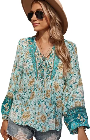 KAYWIDE Women's Casual Boho V Neck Top Loose Floral Printed Long Sleeve Beach Shirts Blouses