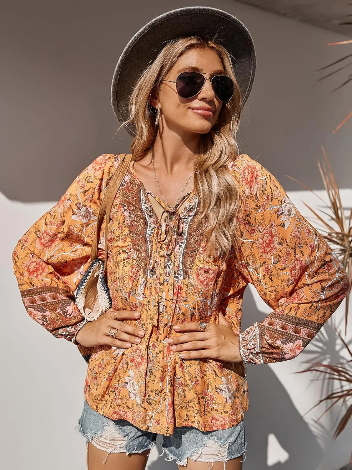 KAYWIDE Women's Casual Boho V Neck Top Loose Floral Printed Long Sleeve Beach Shirts Blouses