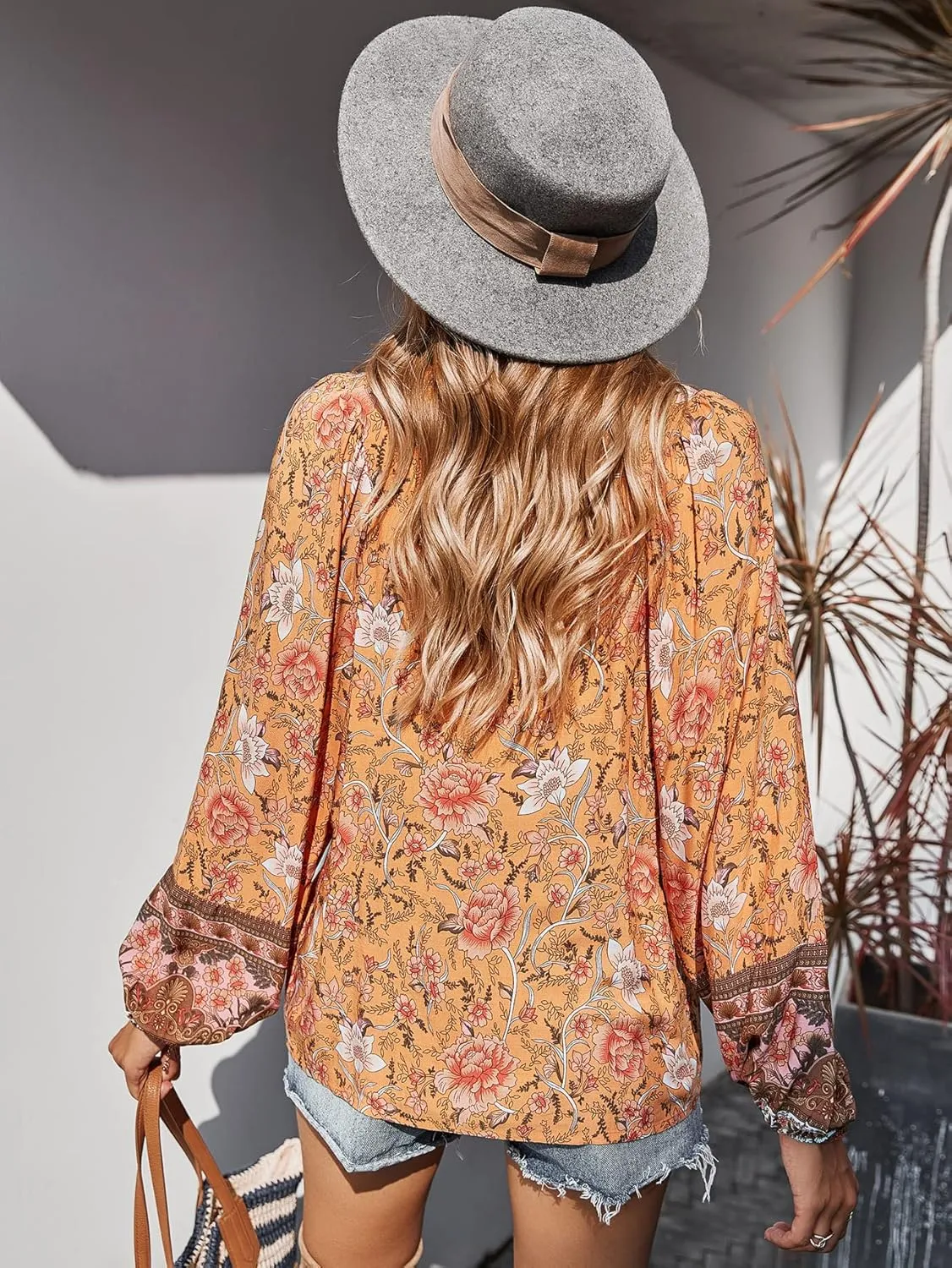 KAYWIDE Women's Casual Boho V Neck Top Loose Floral Printed Long Sleeve Beach Shirts Blouses