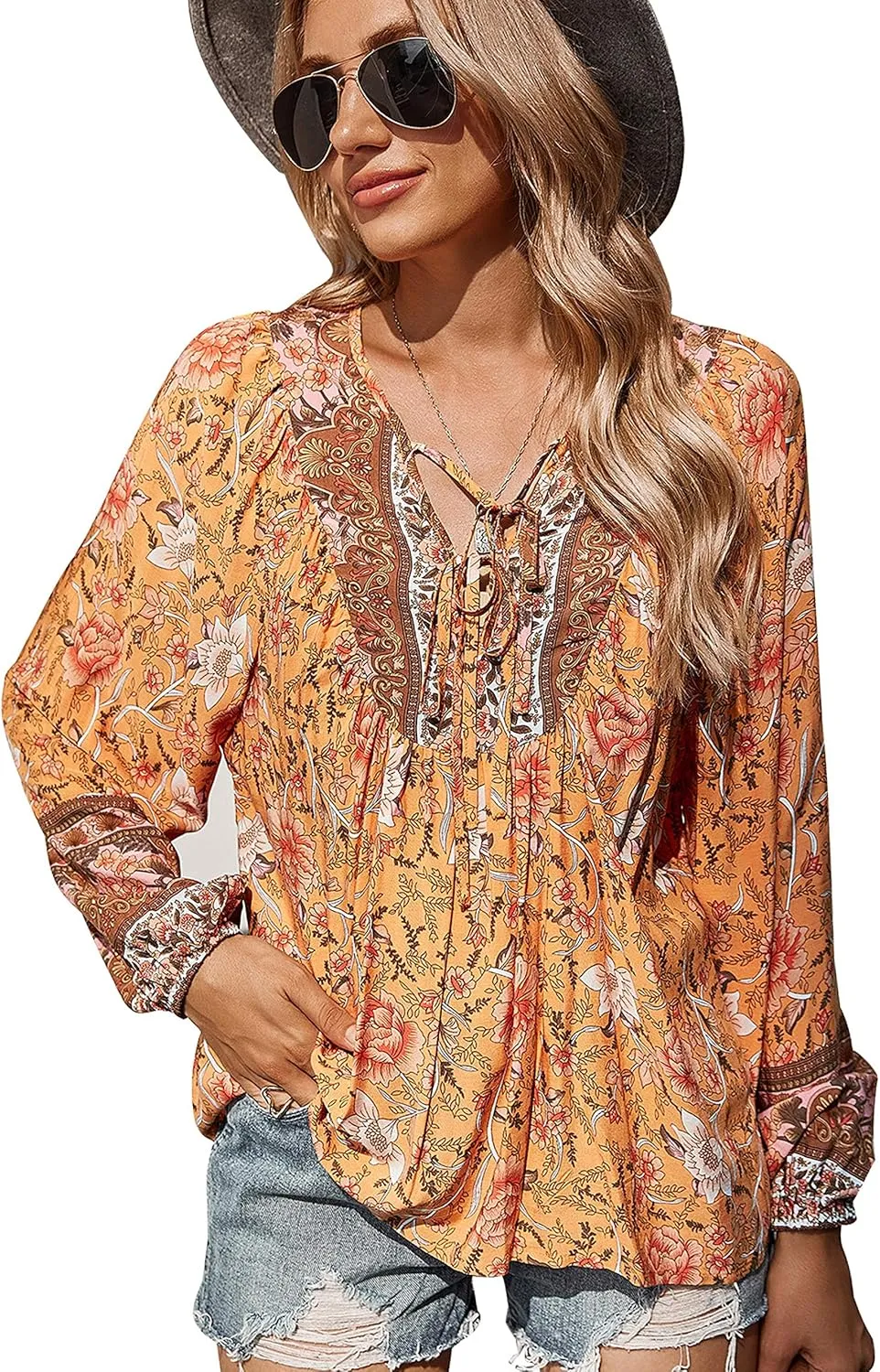 KAYWIDE Women's Casual Boho V Neck Top Loose Floral Printed Long Sleeve Beach Shirts Blouses