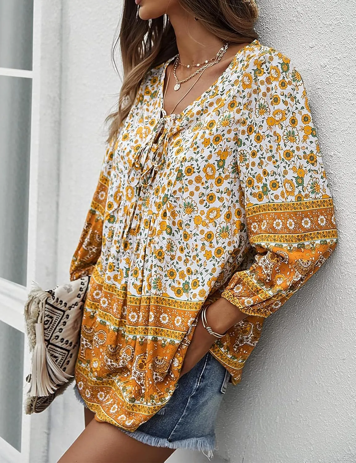 KAYWIDE Women's Casual Boho V Neck Top Loose Floral Printed Long Sleeve Beach Shirts Blouses