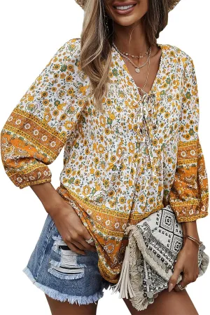 KAYWIDE Women's Casual Boho V Neck Top Loose Floral Printed Long Sleeve Beach Shirts Blouses