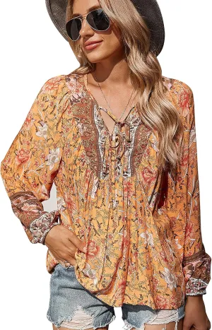 KAYWIDE Women's Casual Boho V Neck Top Loose Floral Printed Long Sleeve Beach Shirts Blouses