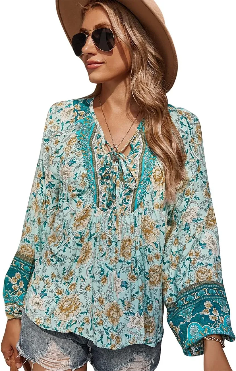 KAYWIDE Women's Casual Boho V Neck Top Loose Floral Printed Long Sleeve Beach Shirts Blouses