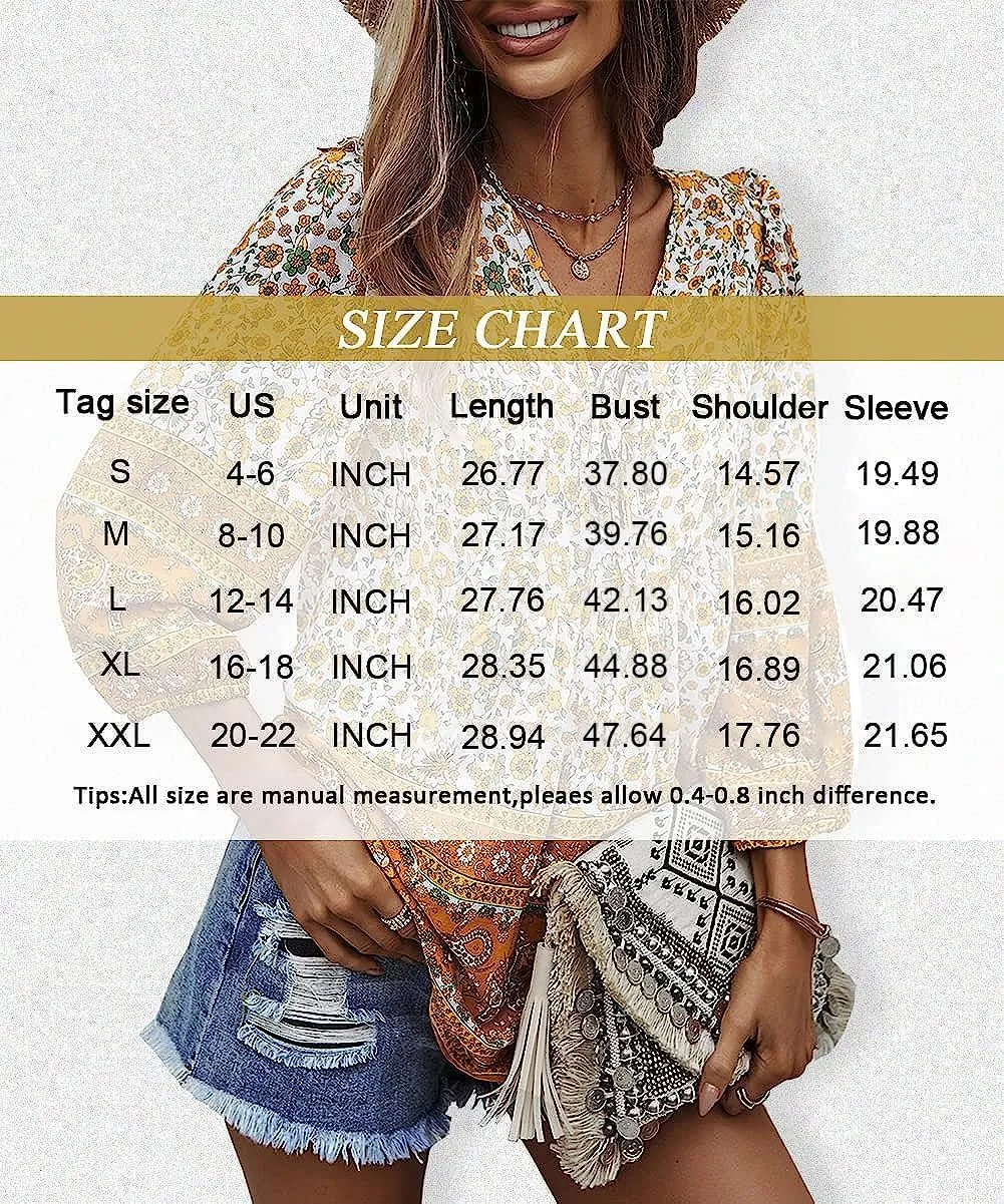 KAYWIDE Women's Casual Boho V Neck Top Loose Floral Printed Long Sleeve Beach Shirts Blouses
