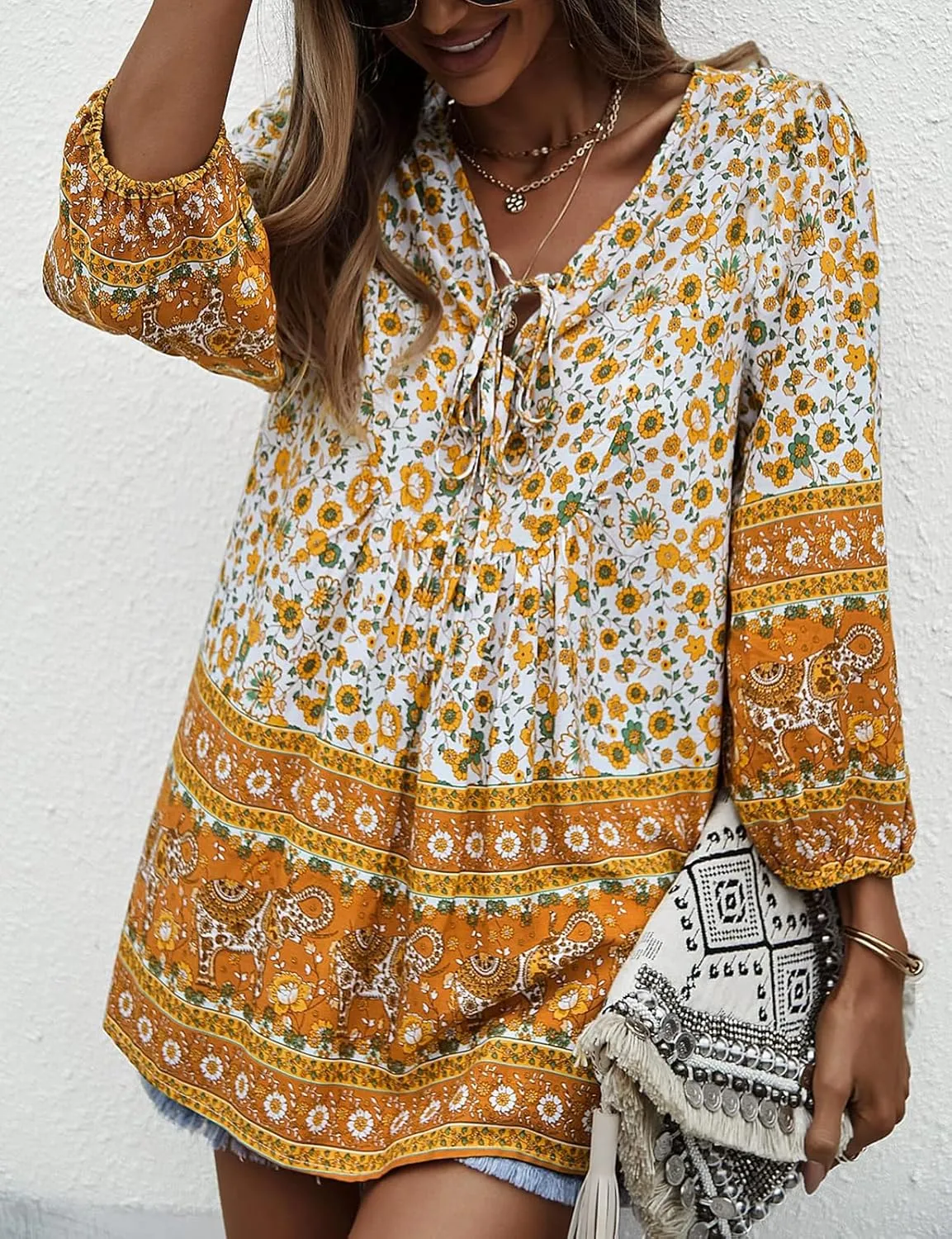 KAYWIDE Women's Casual Boho V Neck Top Loose Floral Printed Long Sleeve Beach Shirts Blouses