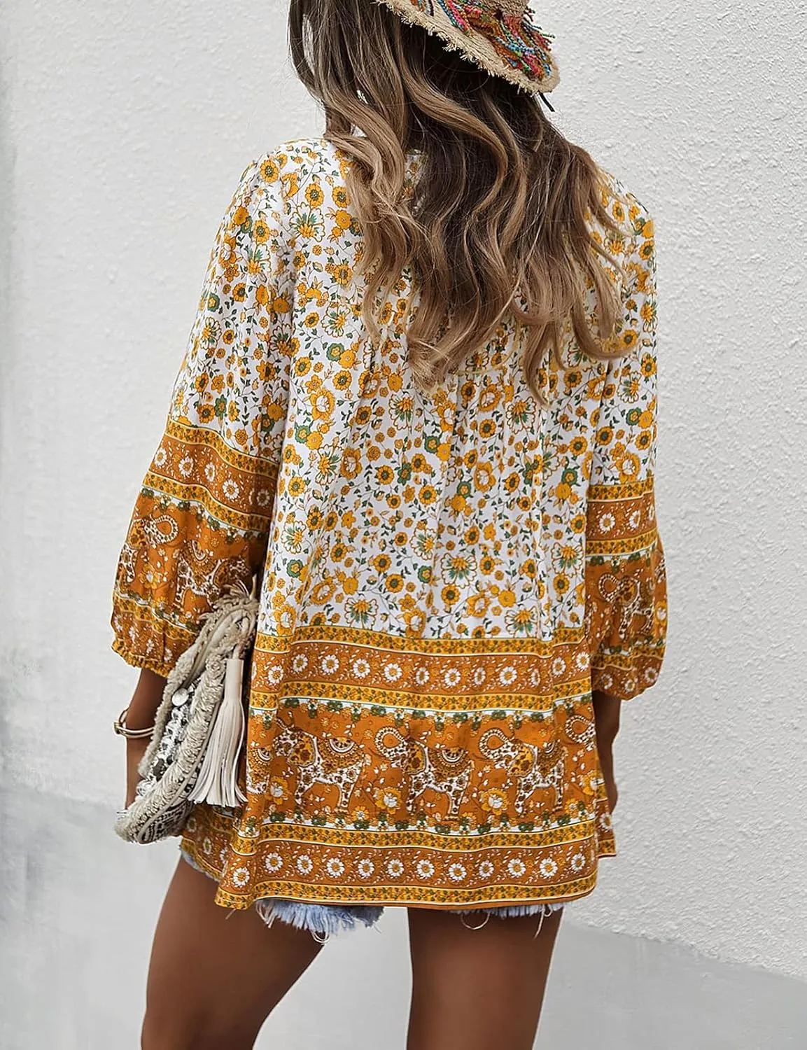 KAYWIDE Women's Casual Boho V Neck Top Loose Floral Printed Long Sleeve Beach Shirts Blouses