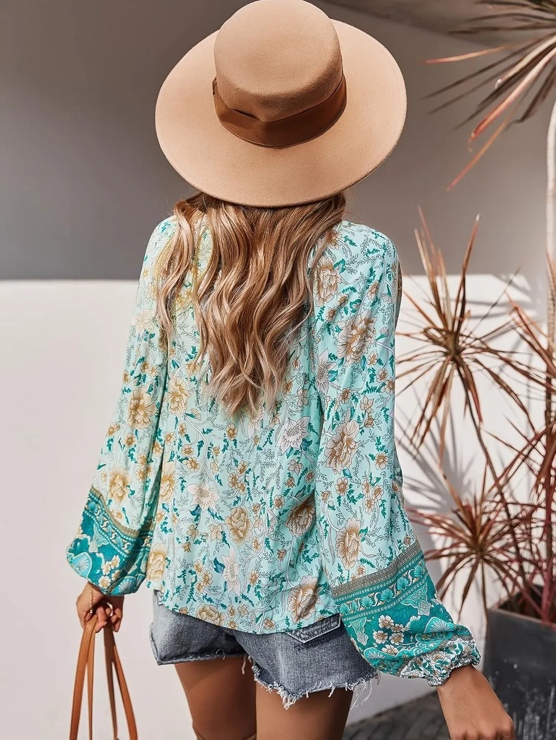 KAYWIDE Women's Casual Boho V Neck Top Loose Floral Printed Long Sleeve Beach Shirts Blouses