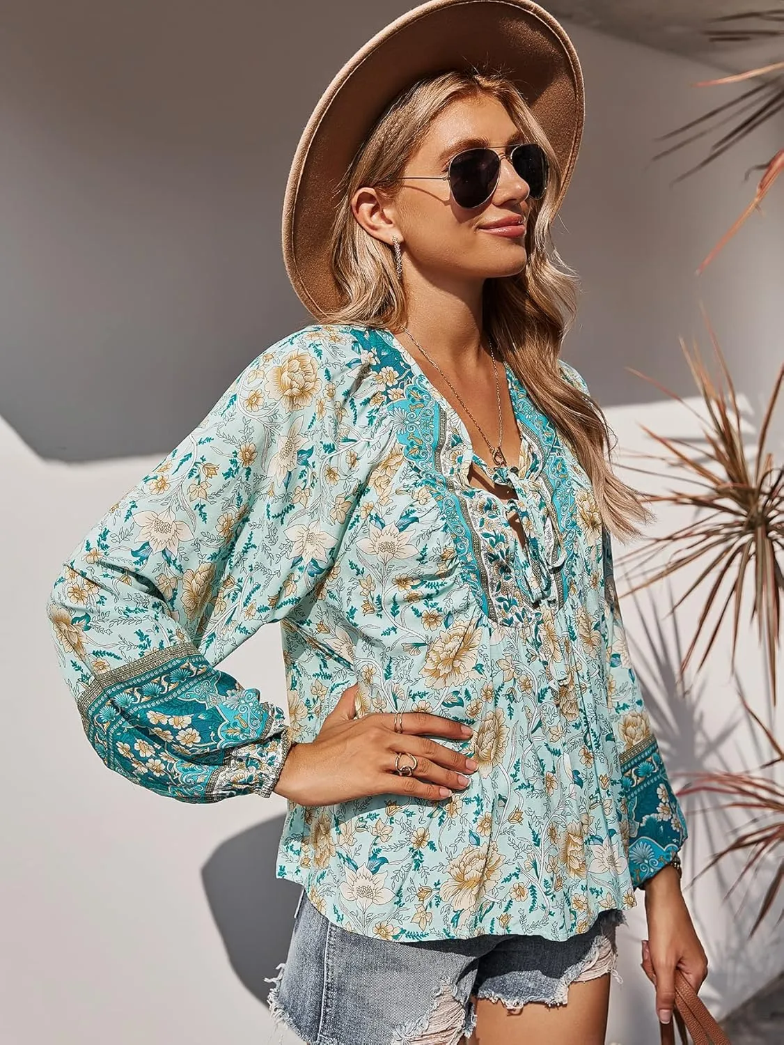 KAYWIDE Women's Casual Boho V Neck Top Loose Floral Printed Long Sleeve Beach Shirts Blouses
