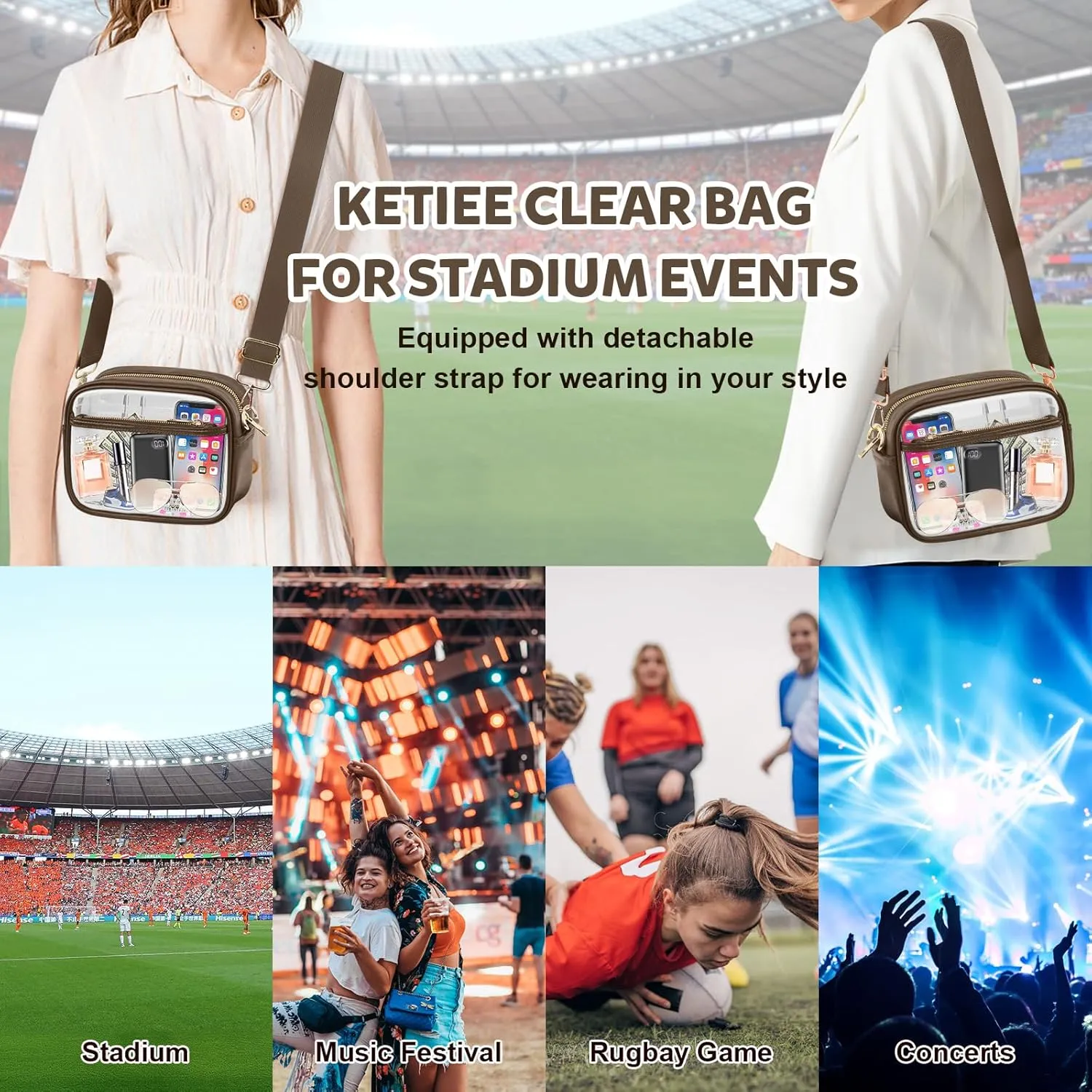 KETIEE Clear Crossbody Bag, Stadium Approved Clear Purse Bag for Concerts Sports Events Festivals