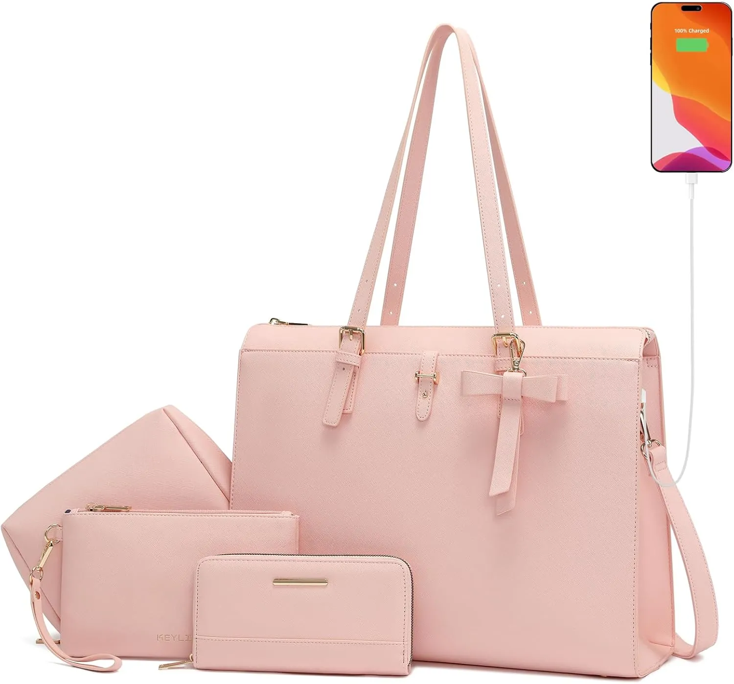 Keyli 4pc Sets Laptop Bag for Women Large Leather Laptop Briefcase with USB Charging Port Computer Shoulder tote Bags Purse