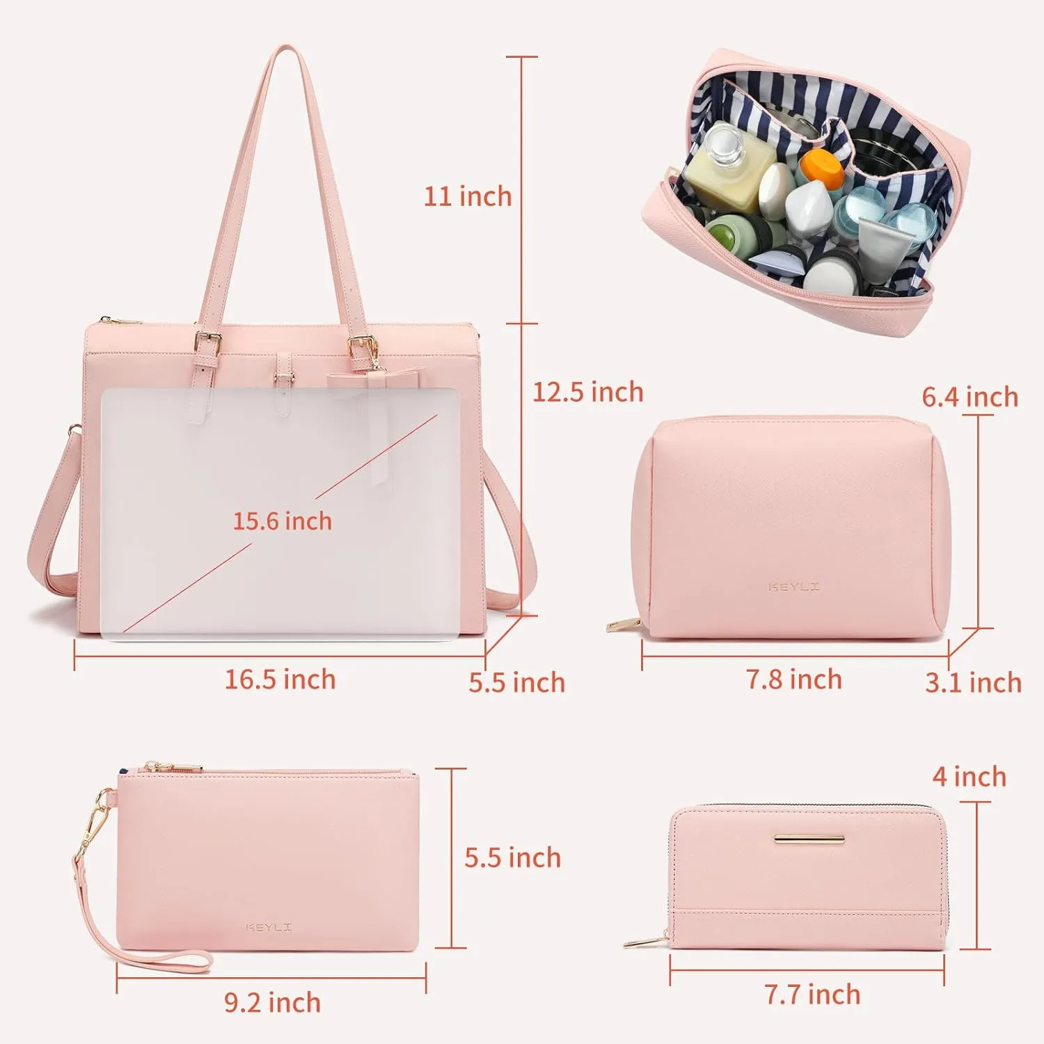Keyli 4pc Sets Laptop Bag for Women Large Leather Laptop Briefcase with USB Charging Port Computer Shoulder tote Bags Purse