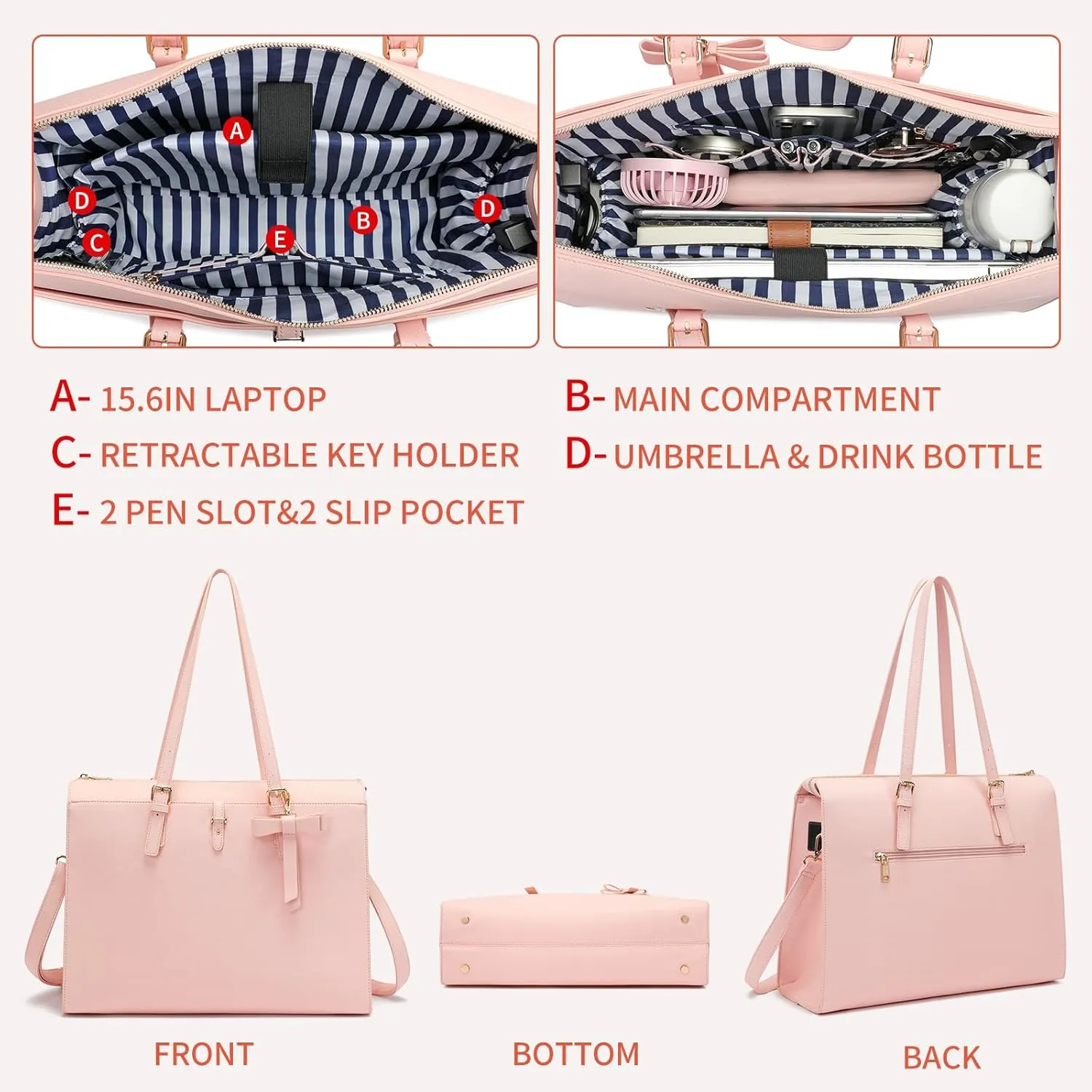 Keyli 4pc Sets Laptop Bag for Women Large Leather Laptop Briefcase with USB Charging Port Computer Shoulder tote Bags Purse