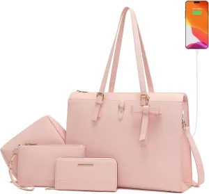 Keyli 4pc Sets Laptop Bag for Women Large Leather Laptop Briefcase with USB Charging Port Computer Shoulder tote Bags Purse