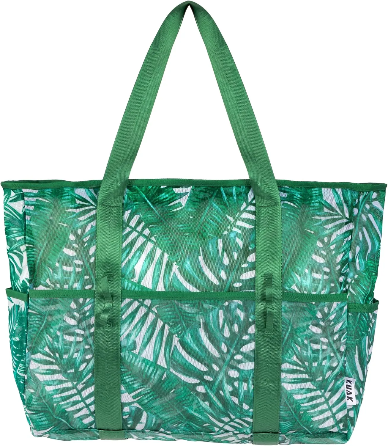 KUAK Mesh Beach Bag, Extra Large Waterproof Sandproof Tote with 9 Pockets, Zippered Top, Lightweight for Travel, Pool, Family