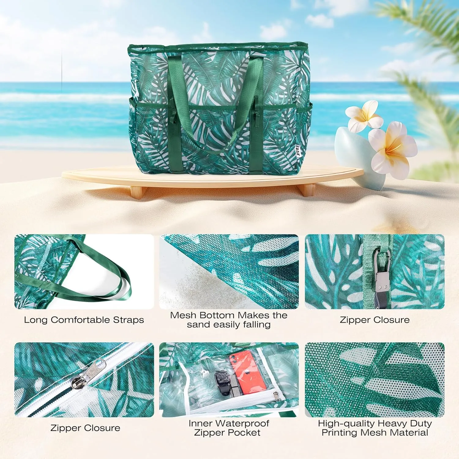 KUAK Mesh Beach Bag, Extra Large Waterproof Sandproof Tote with 9 Pockets, Zippered Top, Lightweight for Travel, Pool, Family