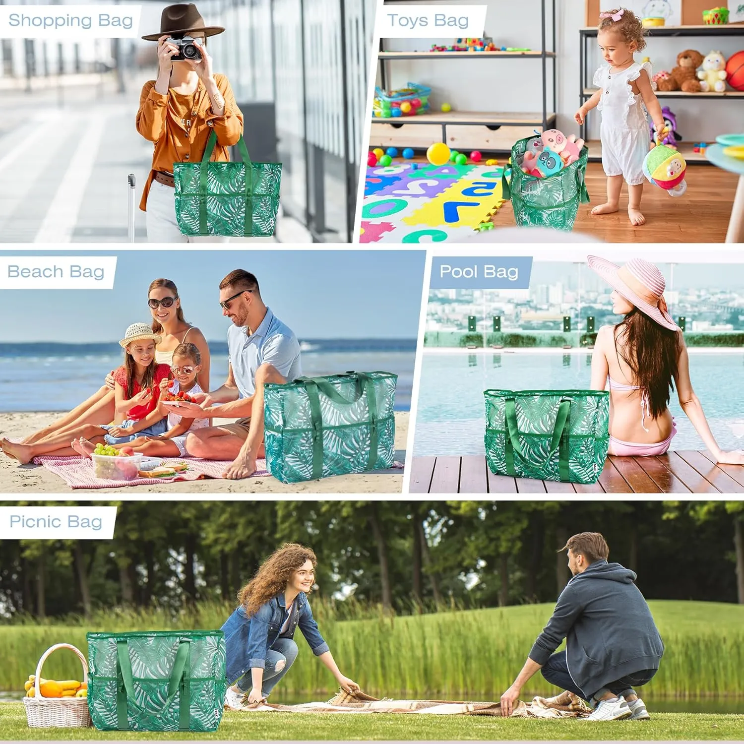 KUAK Mesh Beach Bag, Extra Large Waterproof Sandproof Tote with 9 Pockets, Zippered Top, Lightweight for Travel, Pool, Family
