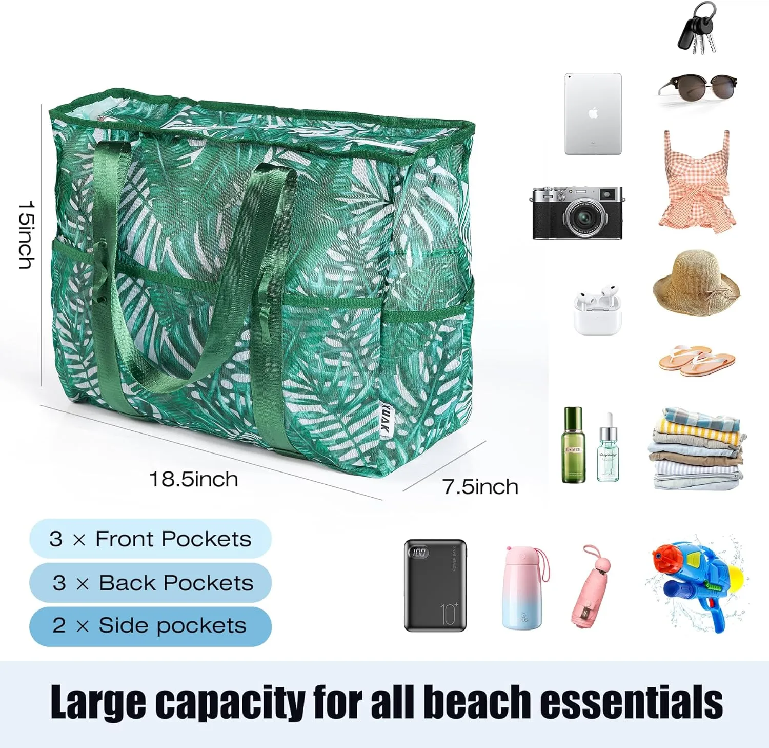 KUAK Mesh Beach Bag, Extra Large Waterproof Sandproof Tote with 9 Pockets, Zippered Top, Lightweight for Travel, Pool, Family
