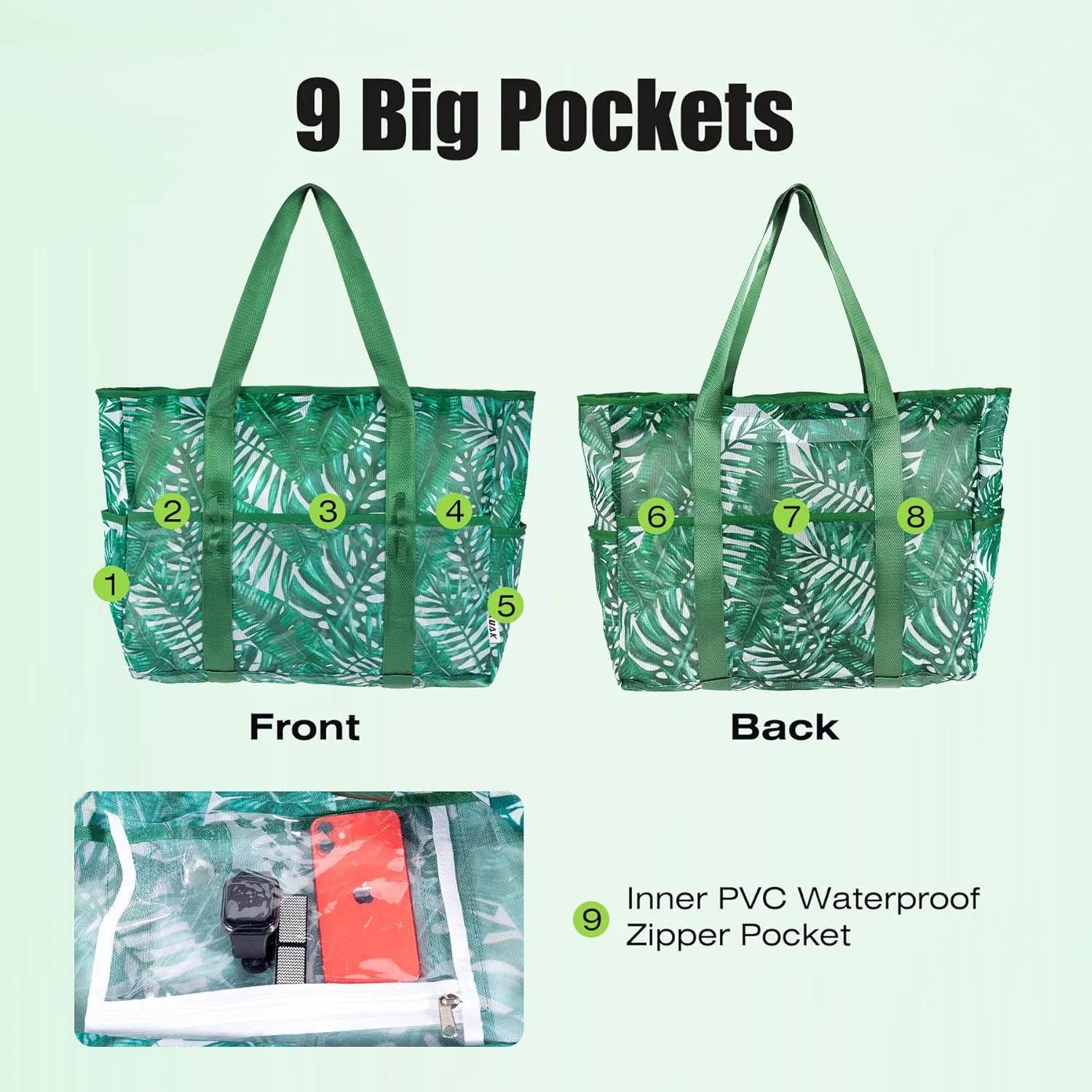 KUAK Mesh Beach Bag, Extra Large Waterproof Sandproof Tote with 9 Pockets, Zippered Top, Lightweight for Travel, Pool, Family