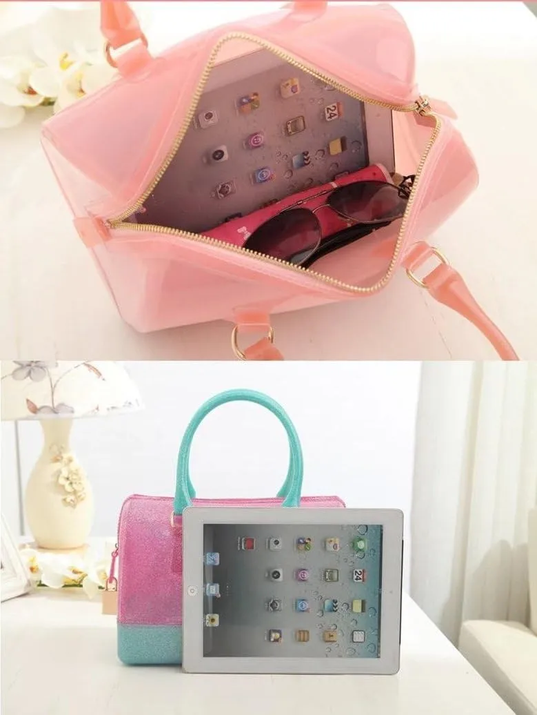 Ladies Summer Jelly Pillow-shaped Top Handle Handbag Candy Color Transparent Crystal Purse