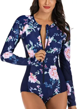 LafyKoly Women's One Piece Long Sleeve Rash Guard UV Protection Printed Surfing Swimsuit Swimwear Bathing Suit
