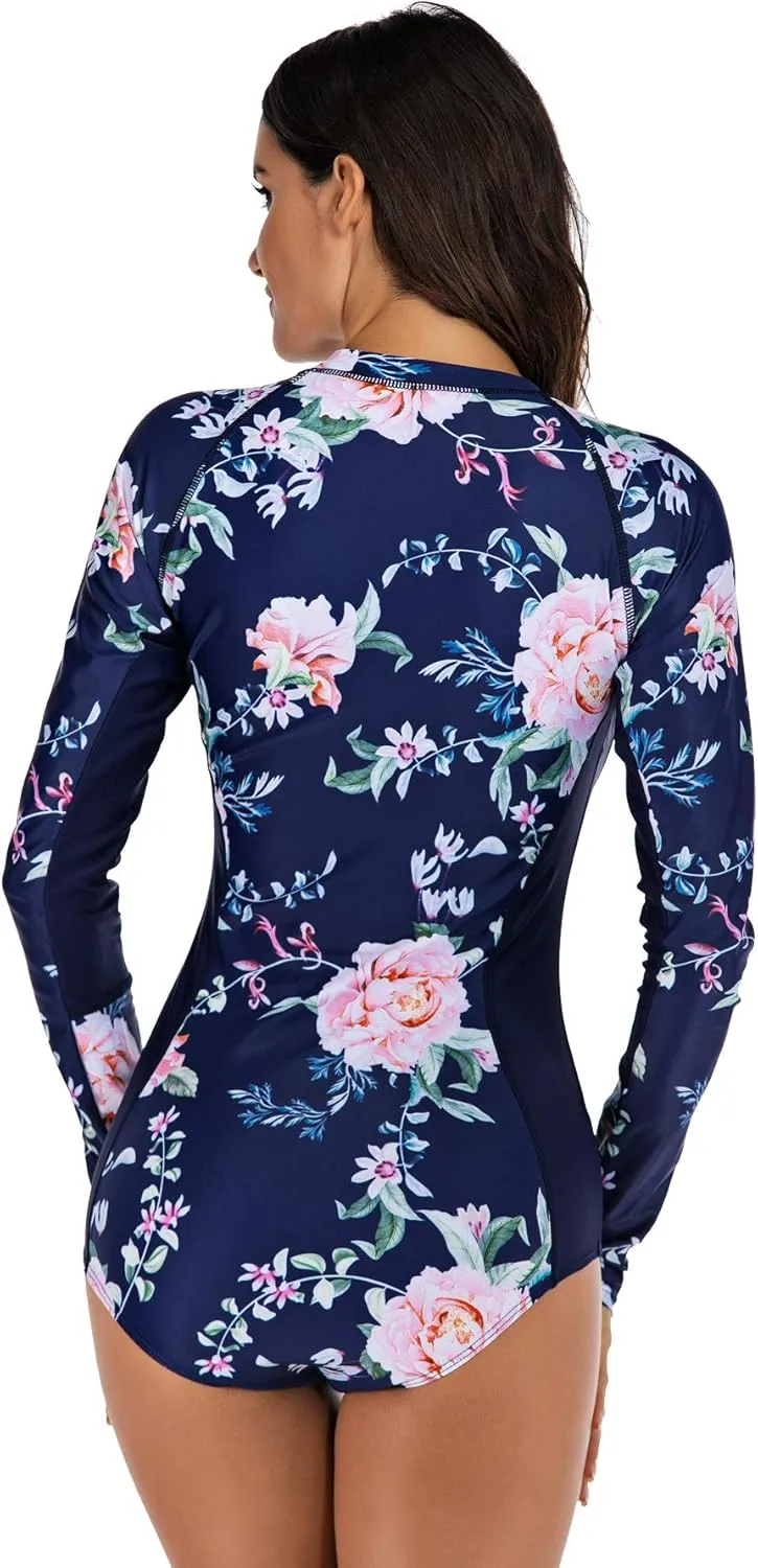 LafyKoly Women's One Piece Long Sleeve Rash Guard UV Protection Printed Surfing Swimsuit Swimwear Bathing Suit