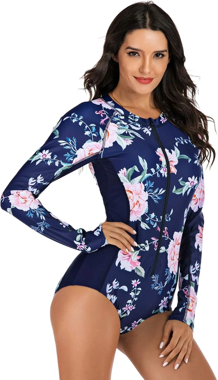 LafyKoly Women's One Piece Long Sleeve Rash Guard UV Protection Printed Surfing Swimsuit Swimwear Bathing Suit