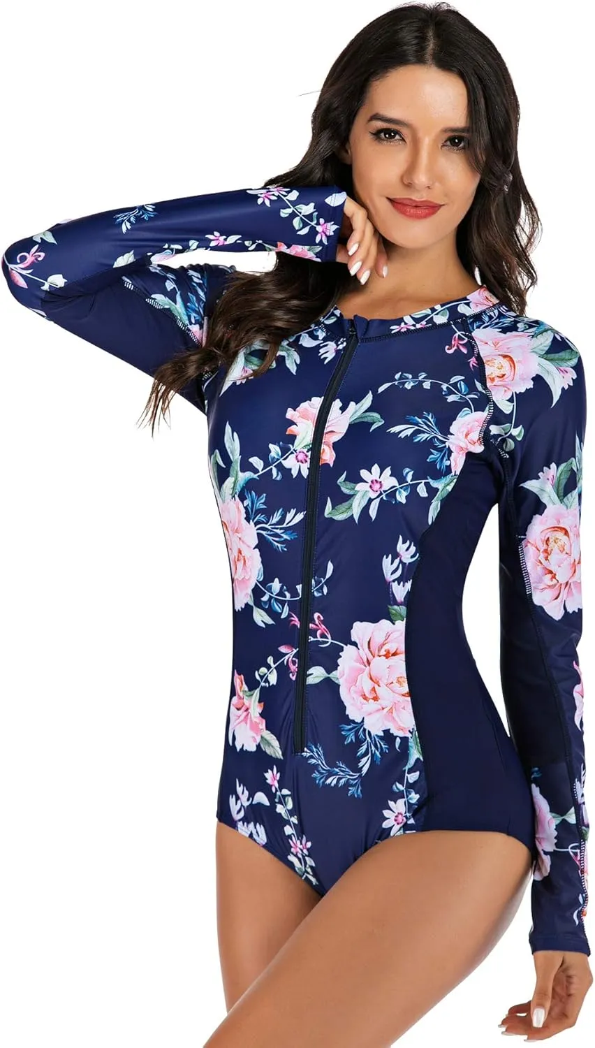 LafyKoly Women's One Piece Long Sleeve Rash Guard UV Protection Printed Surfing Swimsuit Swimwear Bathing Suit