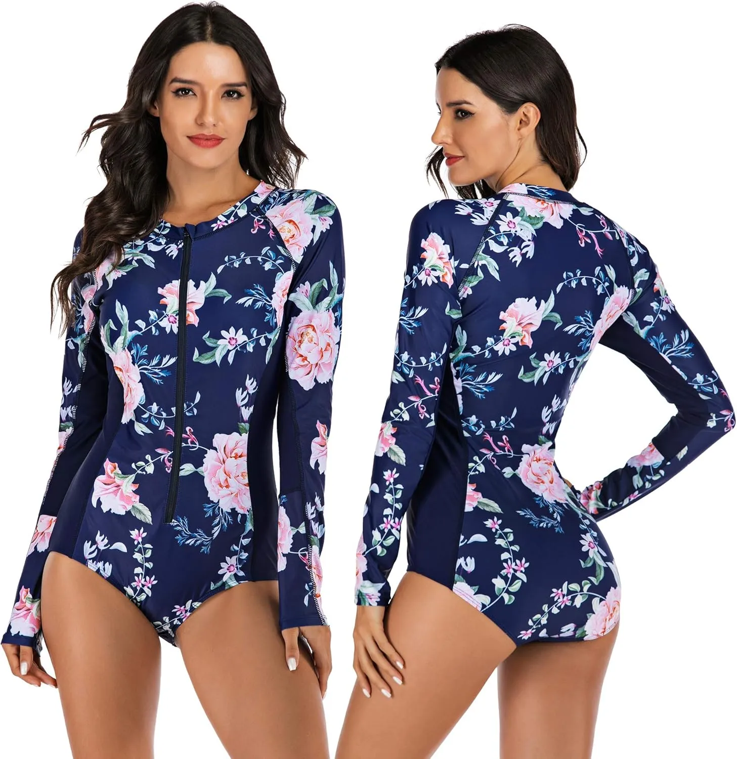 LafyKoly Women's One Piece Long Sleeve Rash Guard UV Protection Printed Surfing Swimsuit Swimwear Bathing Suit