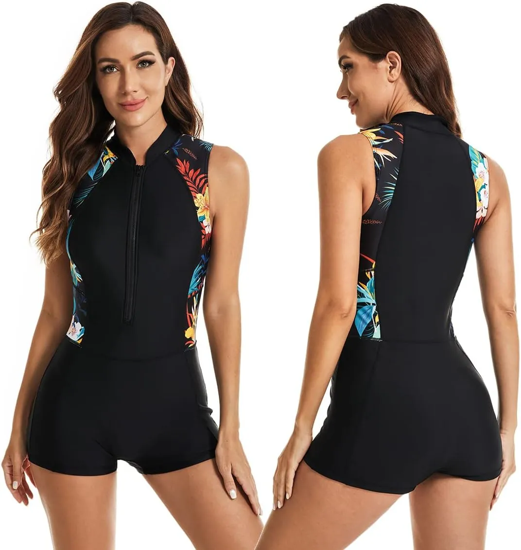 LafyKoly Women's One Piece Sleeveless Swimsuit Athletic Printed Zipper Surfing Monokini Swimwear Bathing Suit