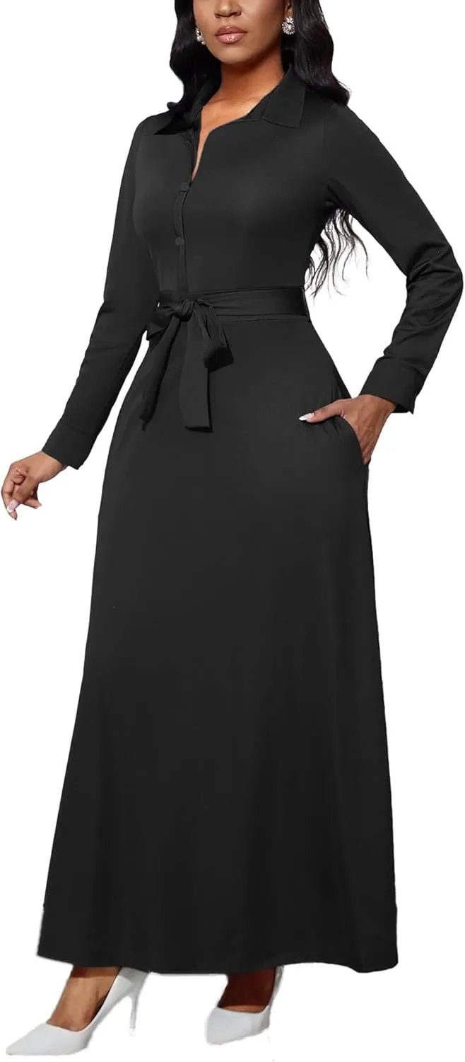 LaiyiVic Maxi Dress for Women Casual Long Sleeve Button Down Floor Length V-Neck Long Dress with Belt