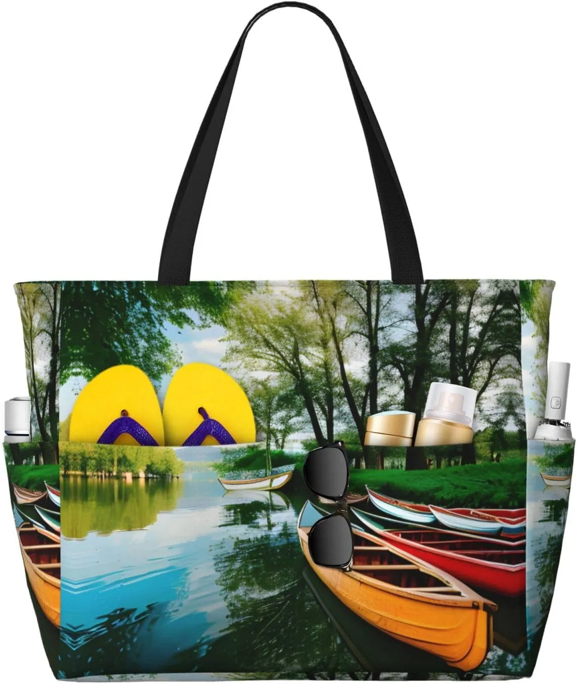 Lake With Boats Canoes Park Print Summer Beach Bags For Women, Large Beach Tote Bag Foldable Travel Tote, Daily Bags For Gym