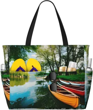 Lake With Boats Canoes Park Print Summer Beach Bags For Women, Large Beach Tote Bag Foldable Travel Tote, Daily Bags For Gym
