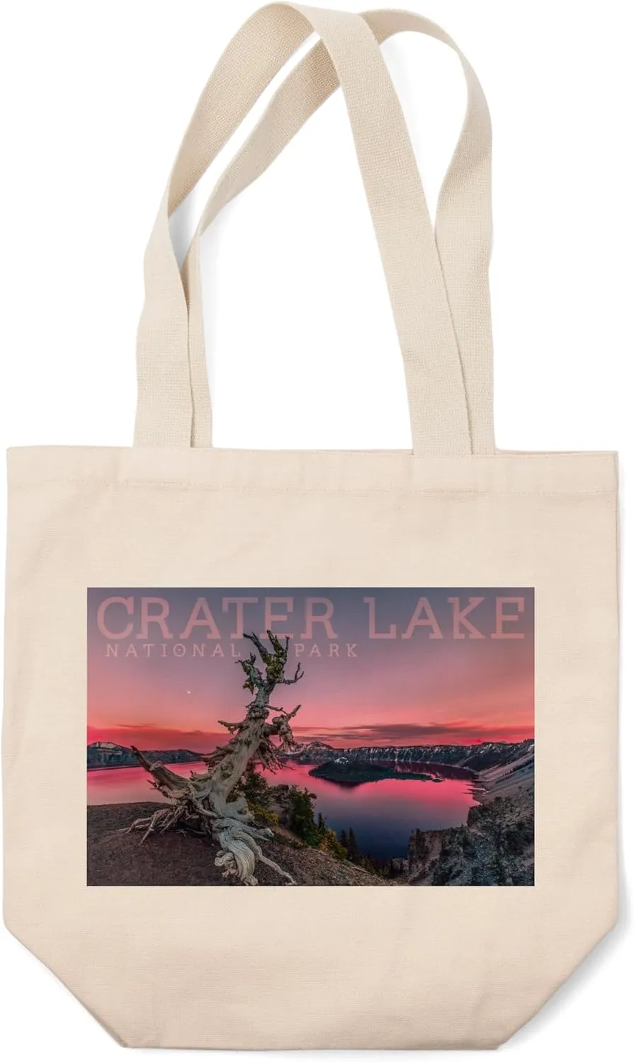 Lantern Press Crater Lake National Park, Oregon, Pink Sunset (100% Cotton Canvas Reusable Tote Bag)