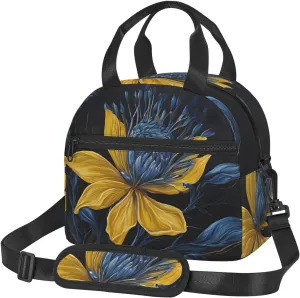Large Capacity Lunchbag for Women Men Crossbody Lunch Tote Bags Reusable Insulated Cooler Bag Lunch Box Bag for Work Picnic Travel Camping - Turquoise Blue Gold Flowers