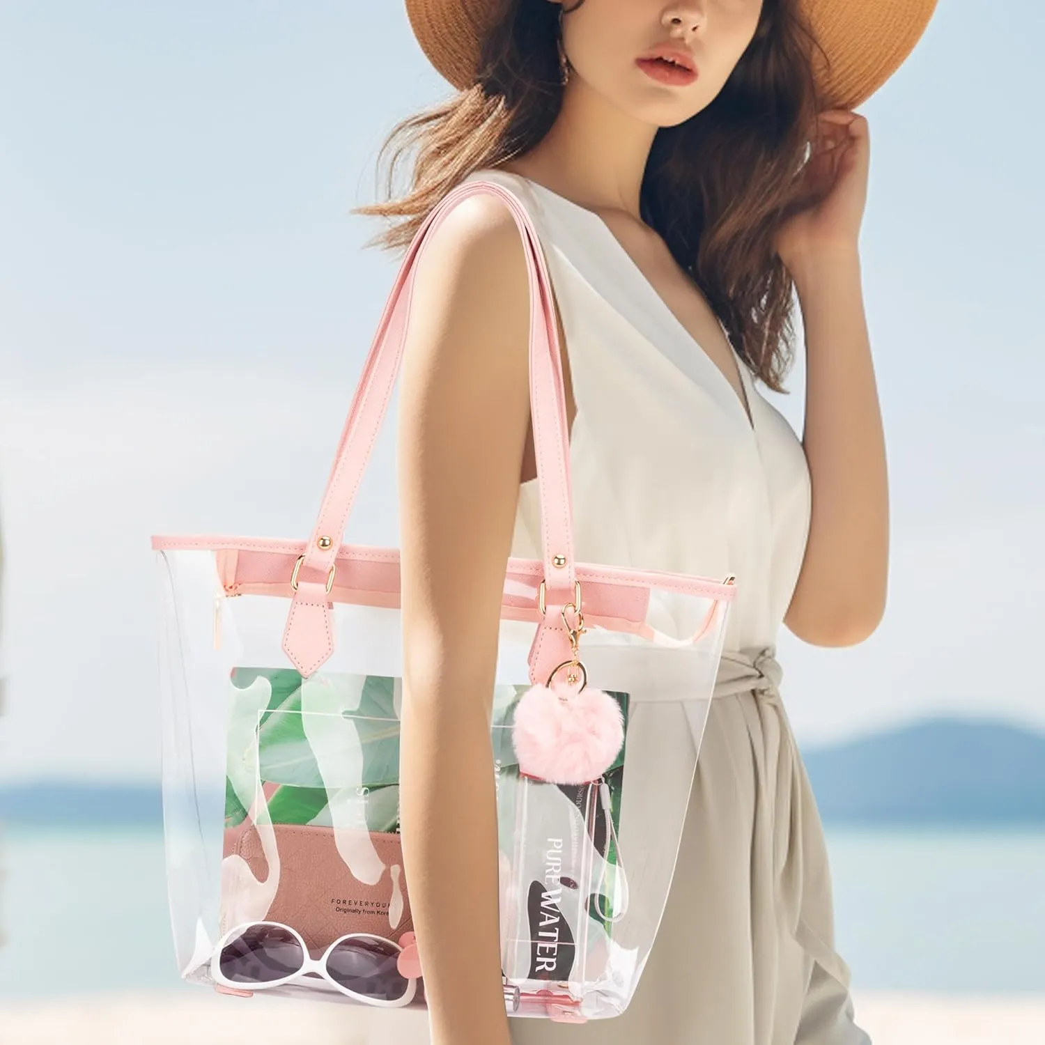 Large Clear Bag Transparent Shoulder Handbag with Plush Pendant