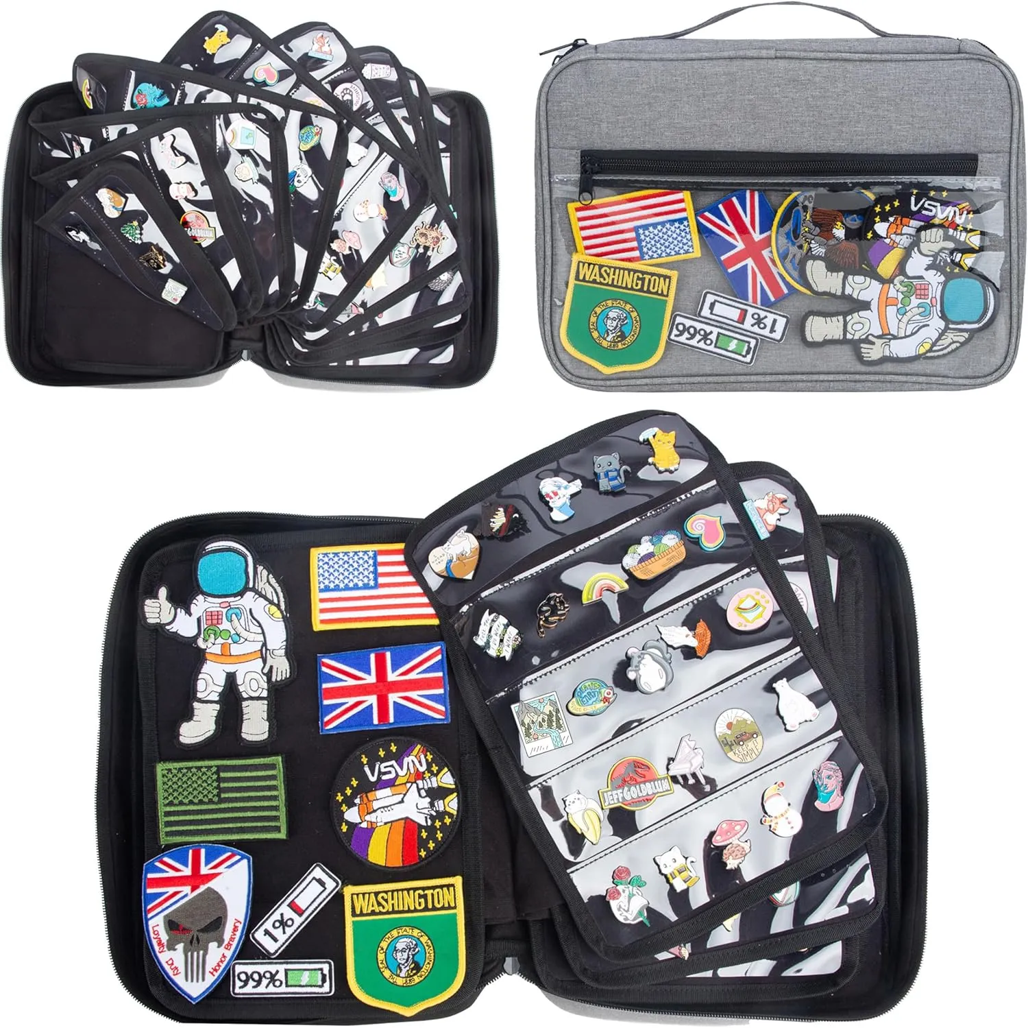 Large Portable Travel Brooch Pin Carrying Case for Enamel Pin, Lapel Pin, Pins Storage Organizer Case with 2 Zipper Pockets, Pin Collections Display Bag with 10 Pages, Hold Up to 250 Pins. (grey)