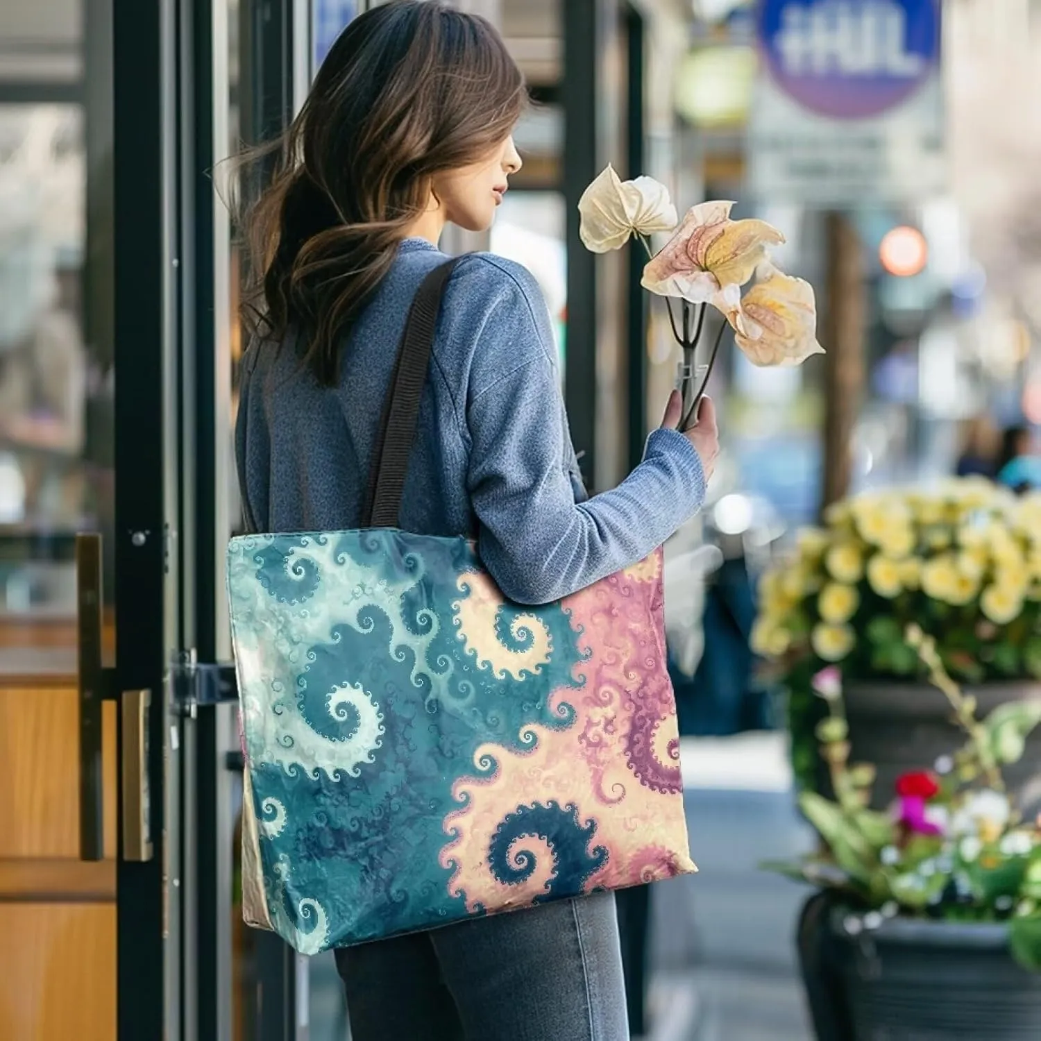 Large Tote Bag with Zipper, Fractal Spiral Art Waterproof Paper Travel Beach Bag, Shoulder Tote Bag for Work Gym