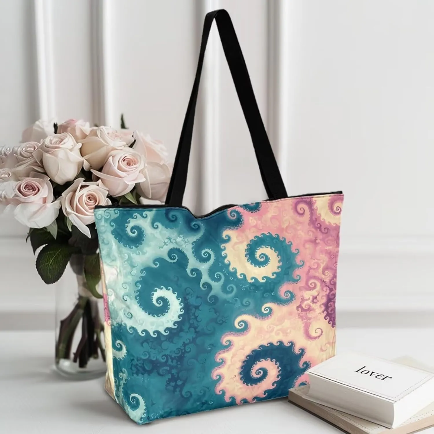 Large Tote Bag with Zipper, Fractal Spiral Art Waterproof Paper Travel Beach Bag, Shoulder Tote Bag for Work Gym